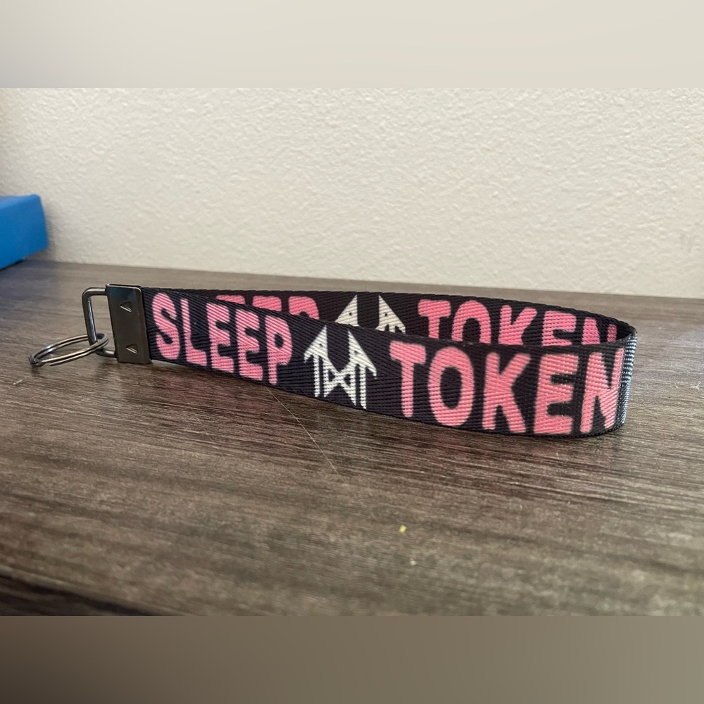 Pink, white and black Sleep Token wristlet keychain
